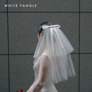 WHITE FANGLE 短头纱缎边蝴蝶结婚礼领证旅拍新娘可爱礼物 艾蔻