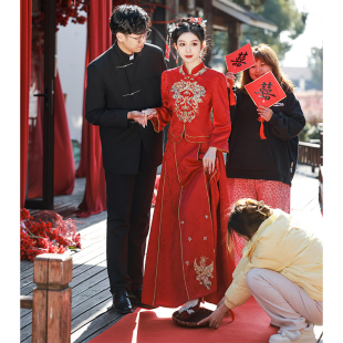 新中式 秀禾服婚服套装 新娘酒红色衣服旗袍订婚礼服 敬酒服2024新款