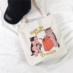 帆布手提包 女士购物袋趣味可爱卡通猫咪图案印花购物单肩包时尚