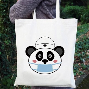 可重复使用单肩女士卡通熊猫印花购物袋白色环保大容量帆布包