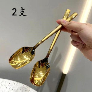金色 汤匙 方头 饭勺 餐勺 2支 长柄 韩式 不锈钢勺子 创意 家用