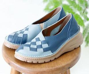 日本制正品 拼色编织纯牛皮轻量坡跟厚底中口低帮套脚女休闲鞋 皮鞋