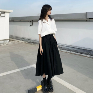 山本风赫本复古暗黑系套装 白色短袖 搭配黑色半身裙长裙两件套 衬衫