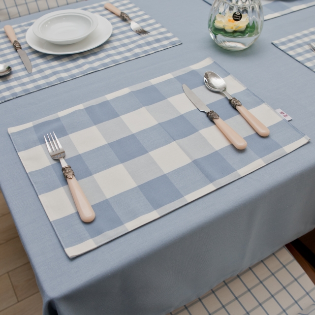 餐桌垫布艺双层餐垫碗垫 地中海桌布布艺餐垫杯垫浅蓝大小格子时尚