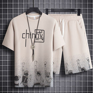 一套衣服 短袖 t恤休闲运动短裤 中国风搭配夏季 男士 华夫格国潮套装