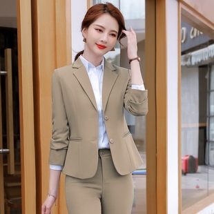 韩版 时尚 工作服休闲职业气质西服套装 外套女春秋新款 卡其色小西装