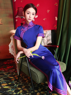 连衣裙复古优雅中国风走秀 改良高级感气质长款 蓝色旗袍2023年新款