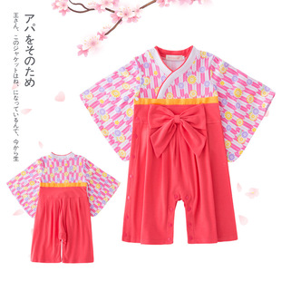 女童夏季 粉色迷彩蝴蝶结哈衣日式 婴儿连体衣服 爬服印花和服 长袖