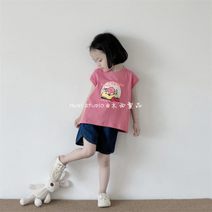 木西童品2023夏韩国版 女童宝宝可爱卡通豆豆短袖 上衣 T恤休闲无袖
