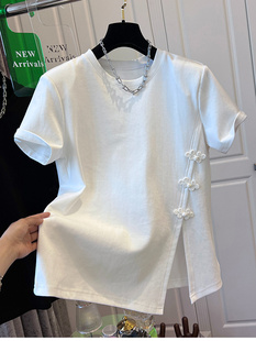 纯棉开叉盘扣短袖 t恤女夏季 白色上衣 小众设计感宽松别致洋气半袖