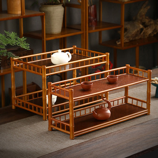 竹制围栏双层茶架席面茶具收纳架竹制传统茶道展示架置物架小茶棚