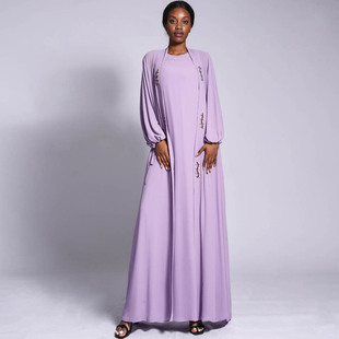 中东东南亚纯色女士水钻雪纺裙套装 外搭 迪拜旅游裙女 内衬