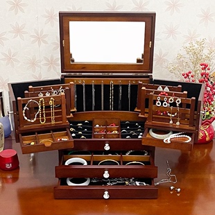 项链戒指饰品收纳盒带镜梳妆 大容量首饰收纳盒实木质复古欧式 正品