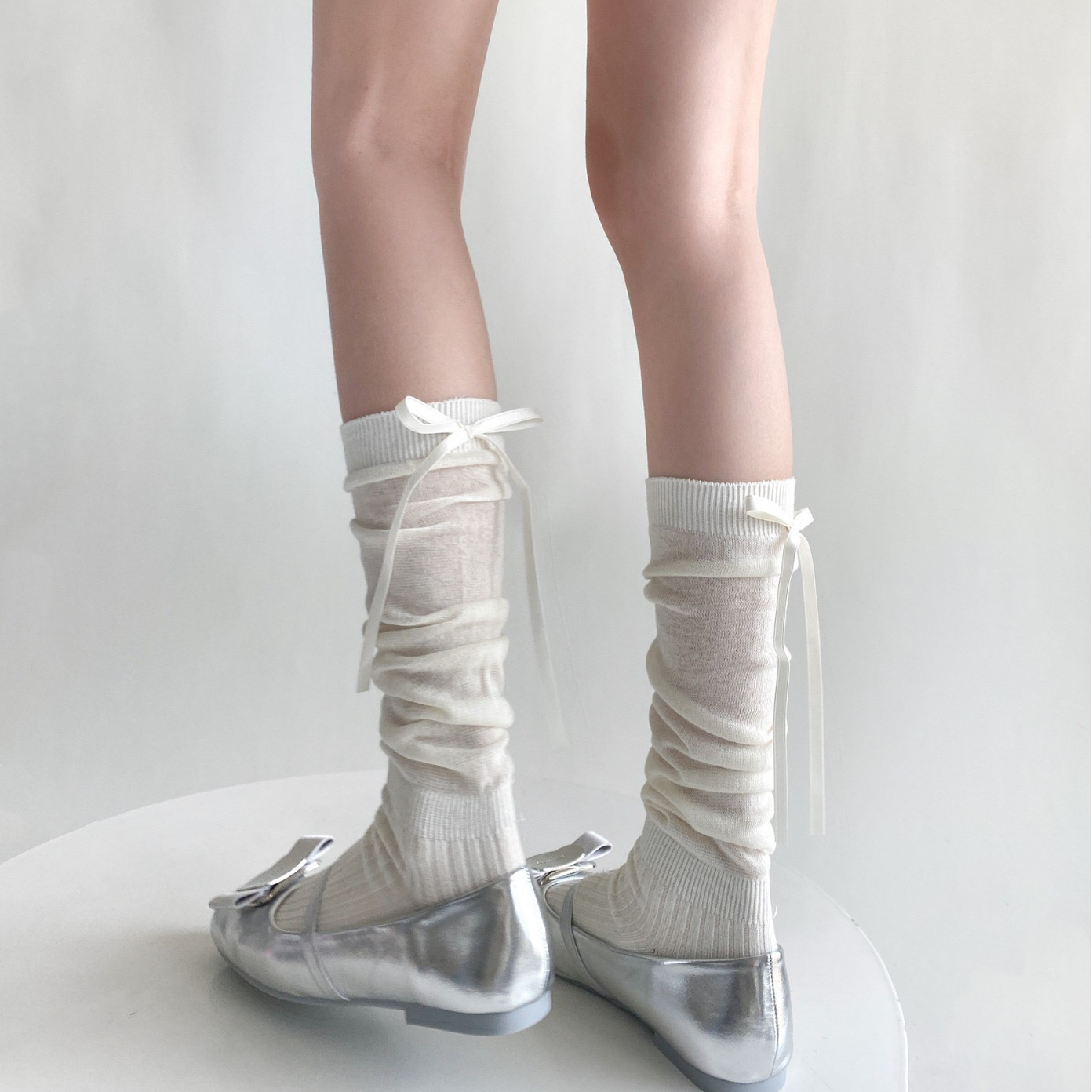 韩版 春夏微透镂空堆堆袜小腿袜女后跟飘带蝴蝶结芭蕾风一字结薄款