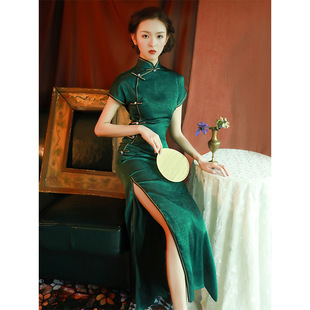 改良旗袍绿色修身 开叉长款 连衣裙 女复古中国风老上海日常生活装