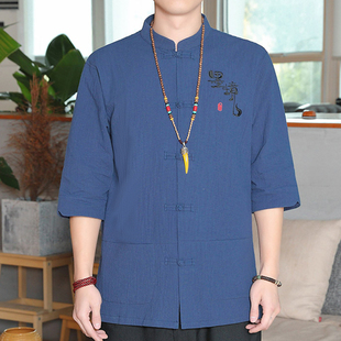 中国风棉麻男衬衫 立领中山T恤短袖 汉服七分袖 麻男上衣 复古风唐装