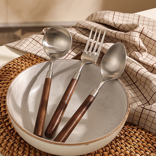 调羹勺 胡桃木柄勺子家用叉勺不锈钢叉子分餐勺汤匙餐具三件套日式