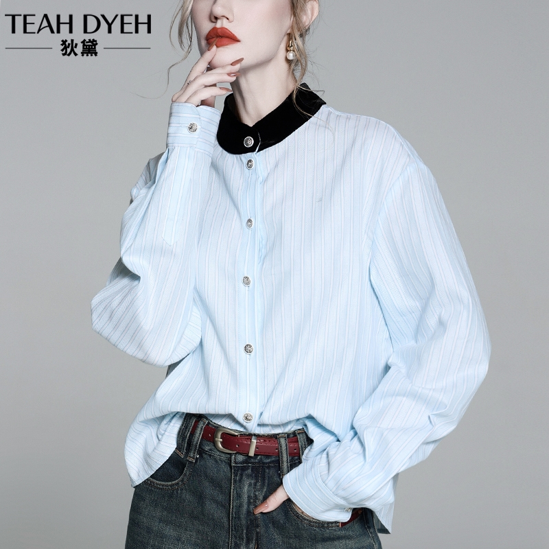 气质真丝绒立领蓝色竖条纹长袖 设计感上衣24春装 漂亮高端小衫 衬衫