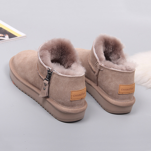 新款 防滑一脚蹬拉链低帮保暖棉鞋 短筒雪地靴女加绒短靴子冬季 时尚