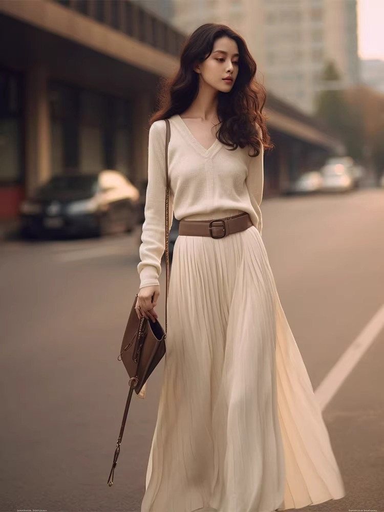 高端名缓气质秋季 时尚 白色V领毛衣百褶高腰半身裙两件套 针织套装