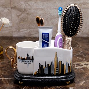 创意贴花陶瓷牙刷架牙刷座家用牙刷置物架收纳杯卫浴洗漱口杯套装
