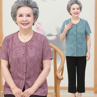 70岁妈妈上衣T恤太太老人衣服 薄短袖 套装 奶奶装 中老年人女夏装