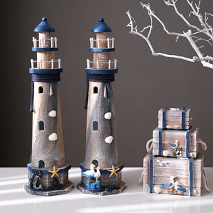 饰摆设 灯塔木质做旧木塔海洋风组合灯塔摆件桌面复古装 地中海风格