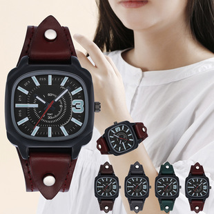 新款 爆款 牛皮皮带腕表非机械学生考试男士 方形石英手表 休闲时尚