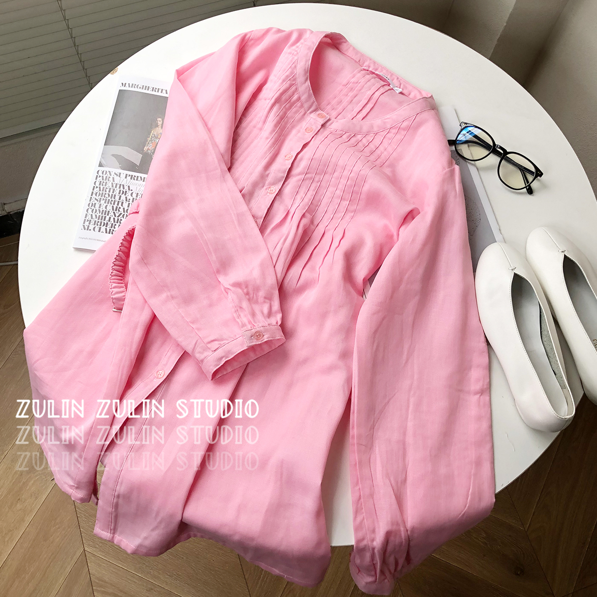 出韩国单 纯棉粉色衬衫 连衣裙 长袖