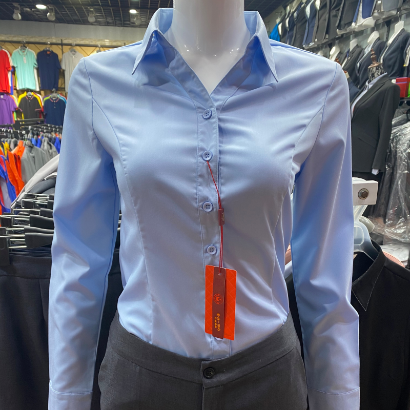 v领比利多美女蓝色长袖 修身 竹纤维弹力免烫面试上班职业工装 衬衫