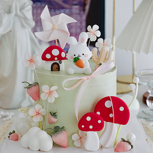 饰摆件呆萌胡萝卜兔宝宝周岁生日插件蘑菇屋甜品台 烘焙网红蛋糕装