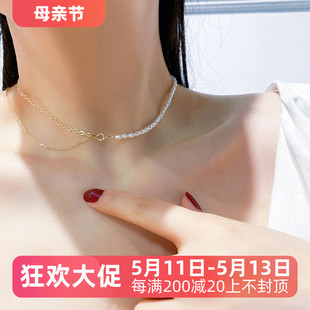 韩国正品 潮个性 简约新款 珍珠k金双层颈链锁骨链女 14K黄金项链女