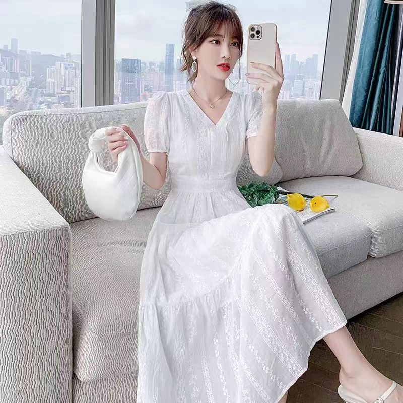 纯棉白色连衣裙女2024夏季 法式 中长裙高级感长袖 仙女裙子 气质修身