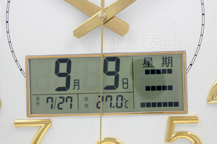液晶万年日历温度16英寸静音金色挂钟 现代客厅多功能石英钟表大码