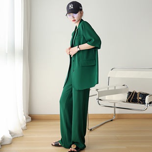两件套装 女2024夏装 套装 西装 垂感不易皱薄款 绿色短袖 胖mm韩版 大码