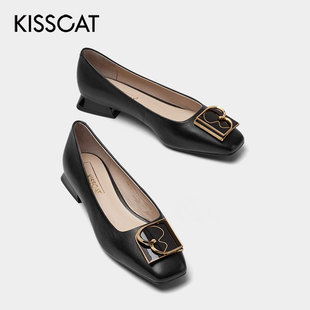 接吻猫方头平跟金属扣小香风羊皮时装 单鞋 女KA21503 CAT KISS