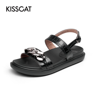 牛皮圆头中跟粗链条石头纹时装 凉鞋 KA21340 接吻猫夏季 KISSCAT