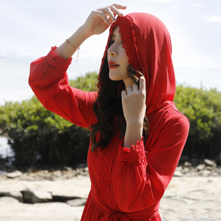 沙漠红裙沙滩裙女三亚青海湖旅游拍照裙子海边度假茶卡红色连衣裙