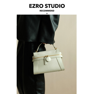 EZRO 白色托特包真皮牛皮斜挎凯莉女包 洋气设计感百搭早春新款