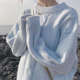 套头韩版 打底衫 针织衫 新款 软奶蓝毛衣女宽松外穿慵懒风2022年秋季
