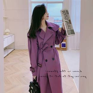 实拍新款 品宽松显瘦系带中长款 浪漫紫色双排扣风衣女秋季 外套 法式