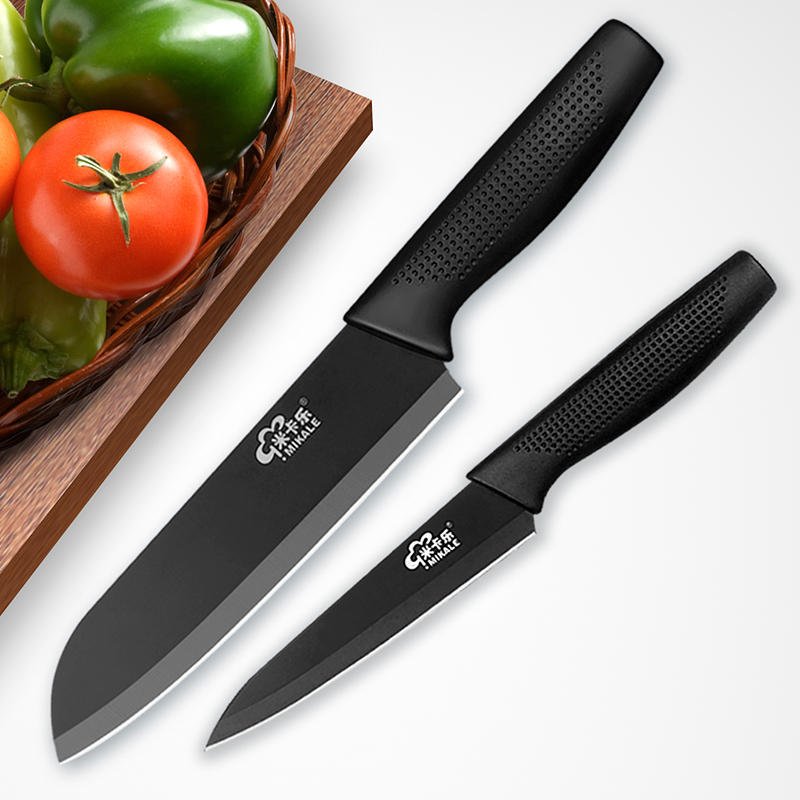 不锈钢切肉片刀 黑色刃锋利厨刀家用切蔬菜水果刀具厨师刀两件套装