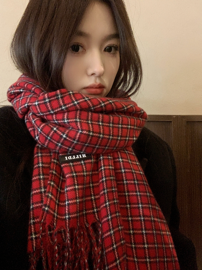 2023新款 韩版 复古网红保暖针织围脖新年潮 圣诞红色格子围巾女冬季