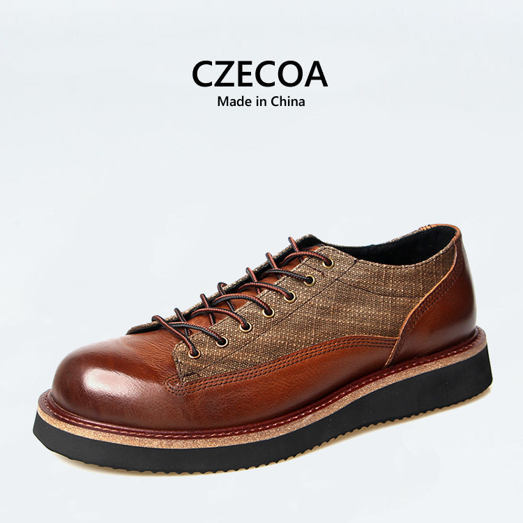 CZECOA复古英伦风商务休闲皮鞋 男真皮布洛克帆布拼接圆头正装 皮鞋