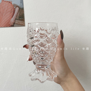 浮雕杯创意人鱼杯果汁杯奶昔杯刻花杯子 ins风网红美人鱼尾玻璃杯