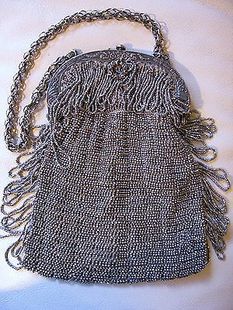 代购 古董维多利亚银花卉框架钢表链钩针编织珠钱包手提袋女