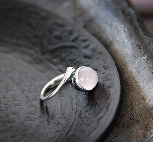 墨花 质感925纯银手工镶嵌 开口戒指指环 天然芙蓉冰种粉晶女款