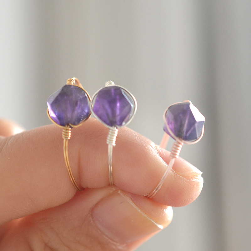 原创天然紫水晶手工绕线戒指白月光石切面戒指送女友生日石幸运石