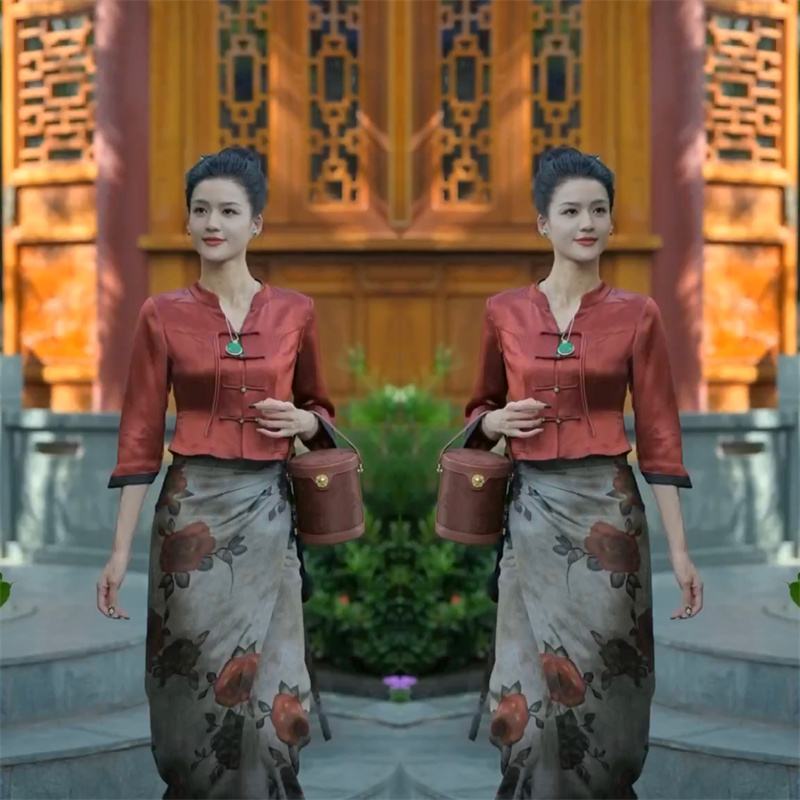 新中式 复古风套装 新款 高级感上衣印花设计感百搭半身裙 2024年春季