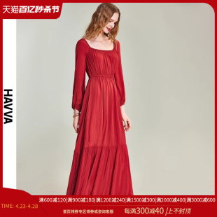 HAVVA2024春季 新款 长裙女设计感高腰褶皱方领连衣裙子Q80070 法式